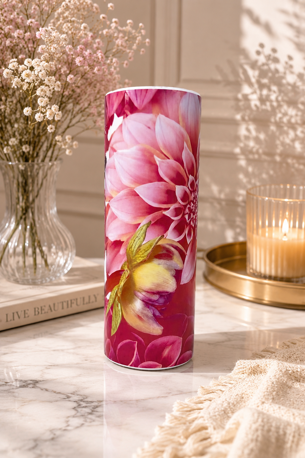 A 20oz sublimation tumbler featuring your own design.